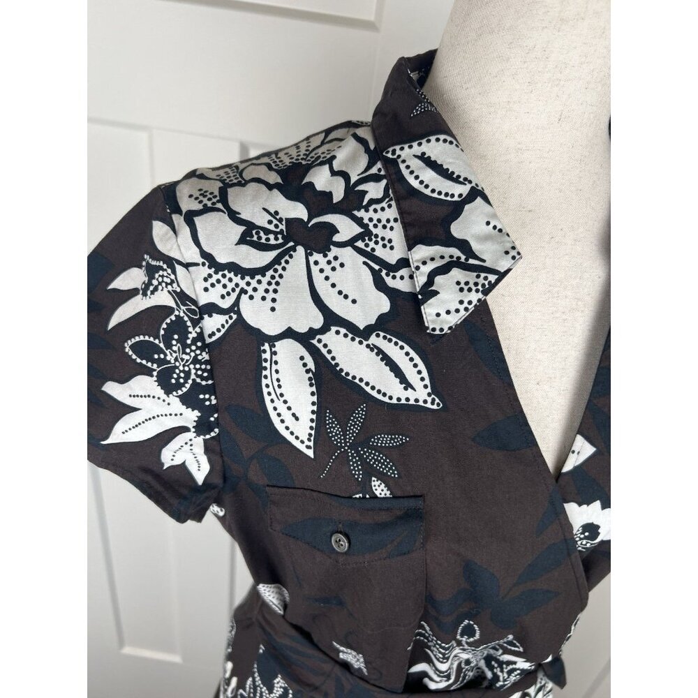 Talbots Fit & Flare Dress 12 Brown Cream Floral Faux Wrap Belted Midi - Picture 9 of 10